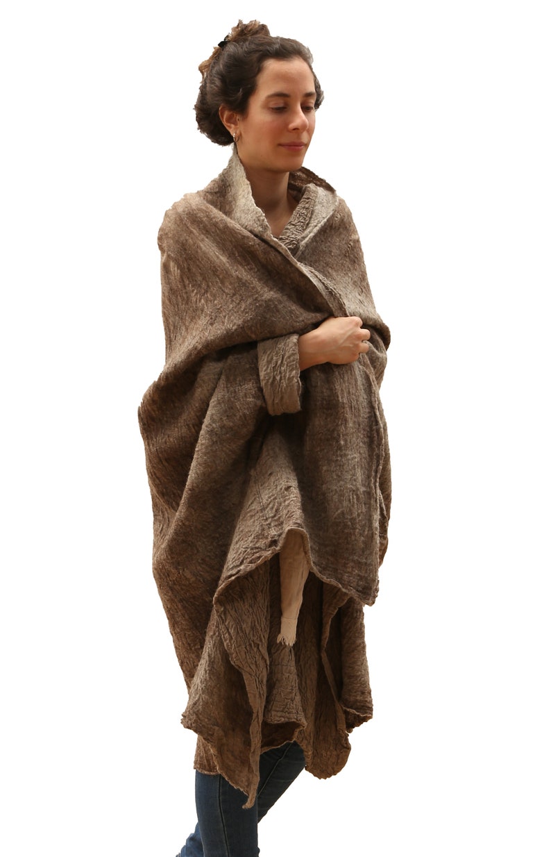 Burning man woman wrap, Shaman women coat, Hand felted nomad wool coat in beige and brown, natural wool coat, image 2