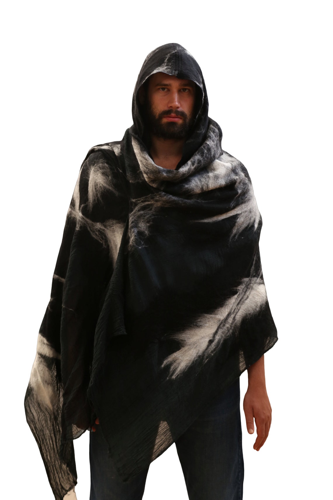 Poncho With Hood. Mens Wrap/scarf/shawl/ruana. Handmade Black and White ...