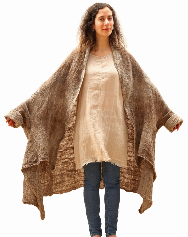 Burning man woman wrap, Shaman women coat, Hand felted nomad wool coat in beige and brown, natural wool coat, image 1