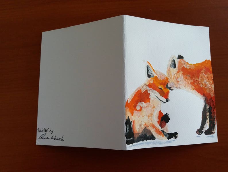 Hand-painted Greeting card with two sweet red foxes holiday Greeting card or any occasion
