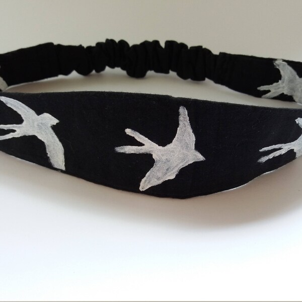 Black cotton hair band sewn and painted by hand, hair accessories, artistic headband, white swallows silhouette, gift idea