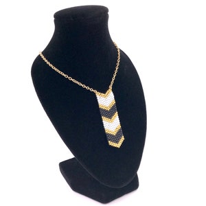 Chevron Design Beaded Necklace - White, Black, and Gold