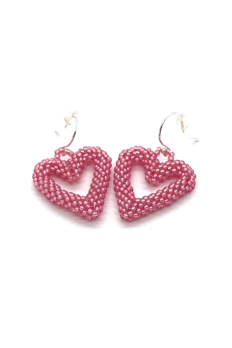 Pink Beaded Heart Hook/dangle Earrings Peyote Stitched 3D Etsy