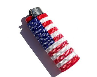 Glass Beaded Lighter Cover - Shimmering American Flag