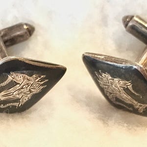 Sterling Silver Siam Cufflinks, Niello Cufflinks, 3 Headed Elephant, Erewan a Mythological White Elephant who Carries the Hindu God Indra