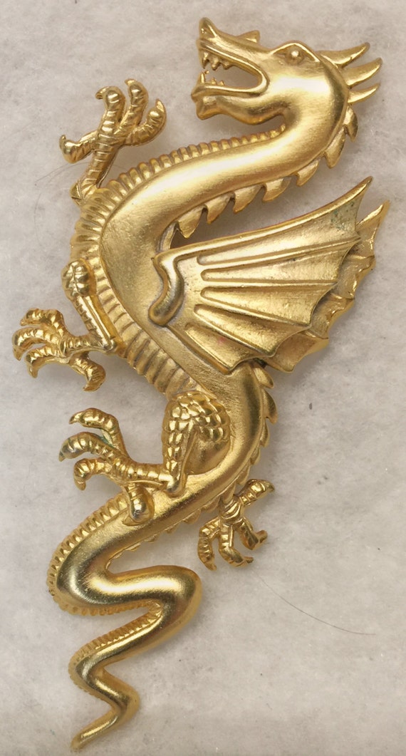 Vintage  Goldtone Winged Dragon signed J J 1986