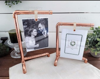 NEW! Real CoPPER 4x6&quot; TRIPoD PHoTo Fame •NEW! CUSTOMIZE w.Leather & Engrave • Holds 2 Photos • Gift/ Events/ Retail/ Restaurant/ Grad/ Anniv