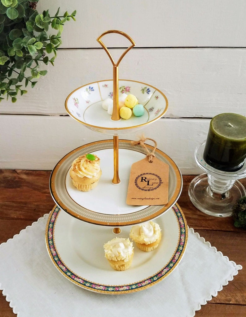 3 Tiered Vintage China Cupcake Stand * Our "Everything Plate Stand" can Display/Decorate/Organize/Serve * Bathroom, Kitchen, Office, etc. bild 7