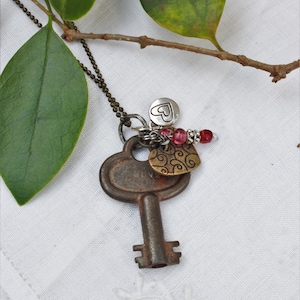 Antique Key Pendant w/ Heart Charms * Vintage Lock Key Necklace * Mixed Metal Skeleton Key Jewelry on Long Chain * Heart & Beaded Charms