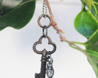 May include: A silver chain necklace with a vintage key pendant, a copper ring, and a small crystal charm. The necklace is hanging from a green leafy branch.