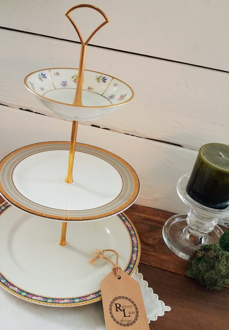 3 Tiered Vintage China Cupcake Stand * Our "Everything Plate Stand" can Display/Decorate/Organize/Serve * Bathroom, Kitchen, Office, etc. bild 2