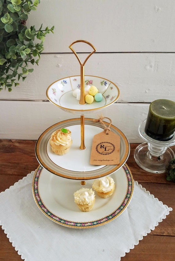3 Tiered Vintage China Cupcake Stand *  Our "Everything Plate Stand" can Display/Decorate/Organize/Serve * Bathroom, Kitchen, Office, etc.