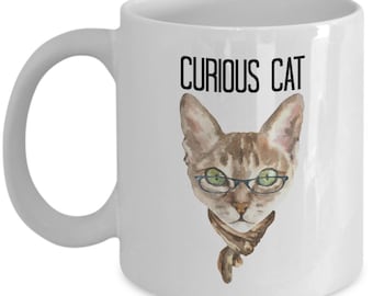 Curious Cat 11oz funny mug; cat lover gift; humorous cat gift