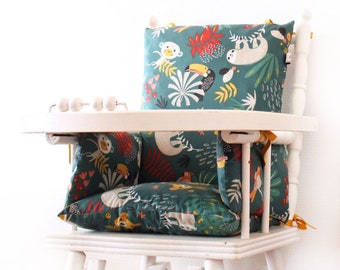 Baby high chair cushion in Oeko-Tex coated cotton / Wooden high chair seat - Amazonia
