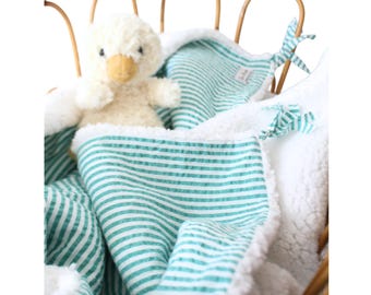 Baby blanket, faux fur and mint green striped fabric, Oeko-Tex certified