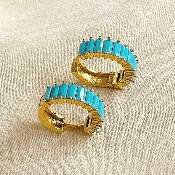 Beautiful Turquoise Hoop Earrings, Turquoise Earrings, Gold Plated Huge Earrings, Huggie Earrings, Turquoise Huggie Earrings, Hoop Earrings