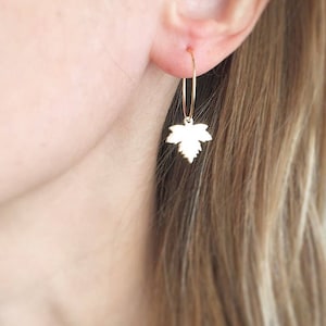 Gold plated hoop earrings, maple leaf earrings, gold maple leaf, hoop earrings, gifts for her, bridesmaid gifts, leaf jewelry, hoops