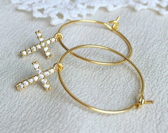 Cross hoop earrings, tiny hoop earrings, dainty hoops, cross earrings, dainty earrings, gifts for her, bridesmaid gifts, gold hoop earrings