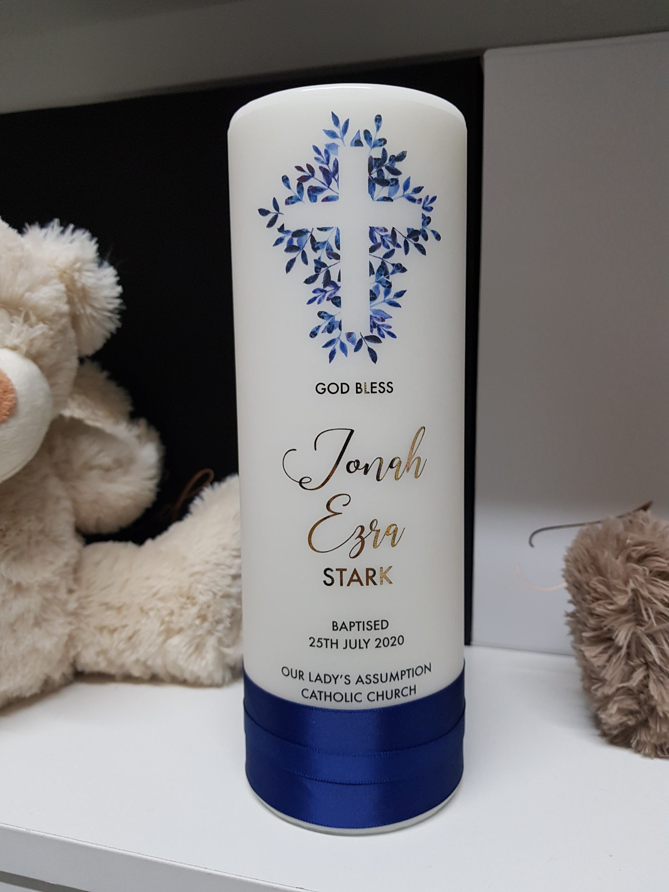 Blue Floral Cross Baptism Candle Christening Candle Name Day Etsy