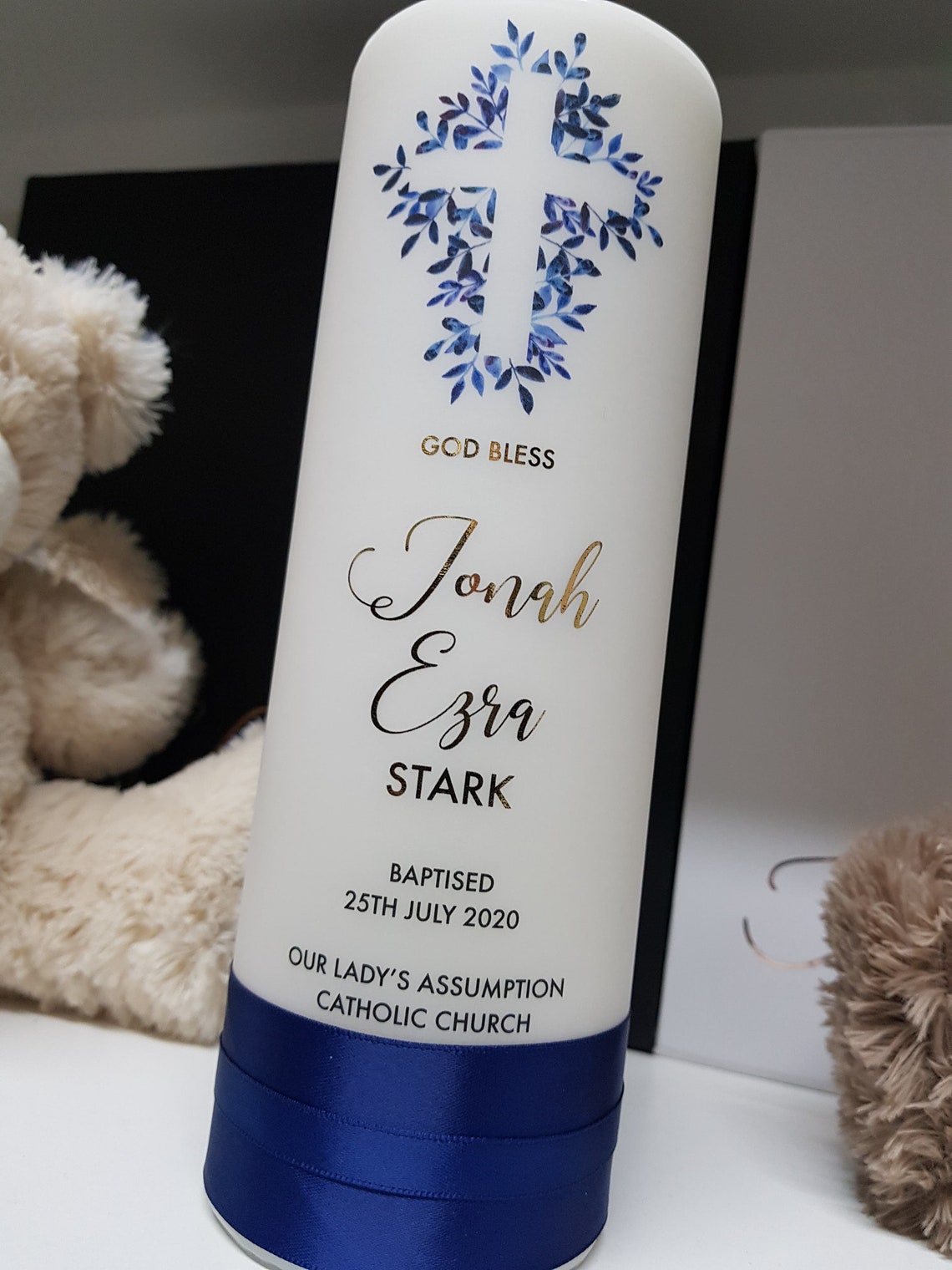 Blue Floral Cross Baptism Candle Christening Candle Name Day Etsy Australia
