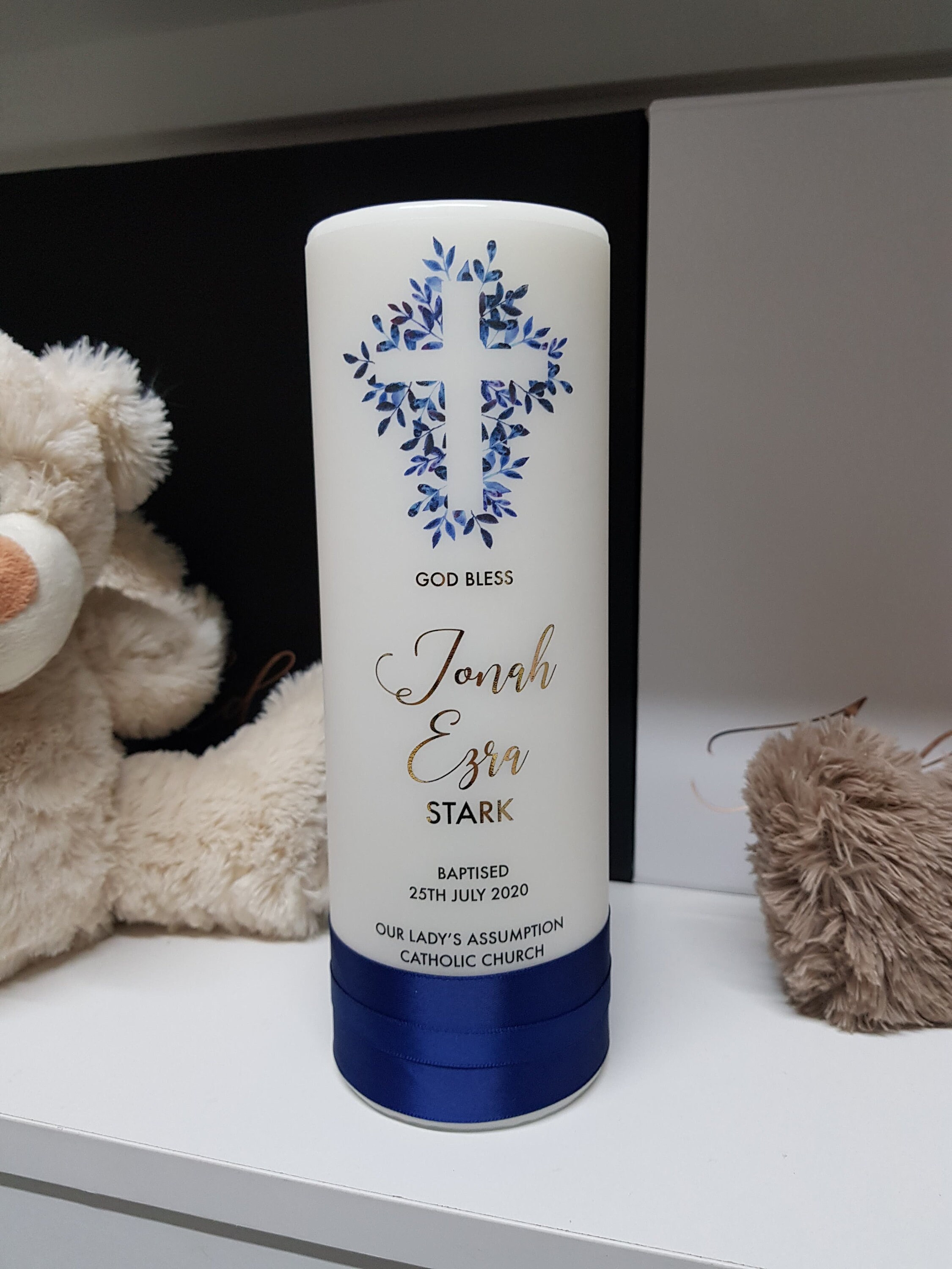 Blue Floral Cross Baptism Candle Christening Candle Name Day Etsy Australia