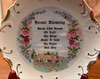 Vintage Decorative House Blessing 8" Wall Plate trimmed with 18 carat gold