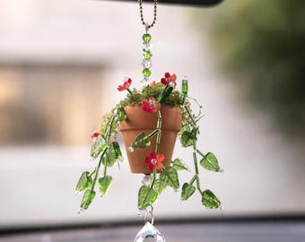 Handmade Beaded Forever Plant Car Charm | Mini Hanging Plant | Rearview Mirror Decor | Cute Gift Idea | Crystal Sun Catcher