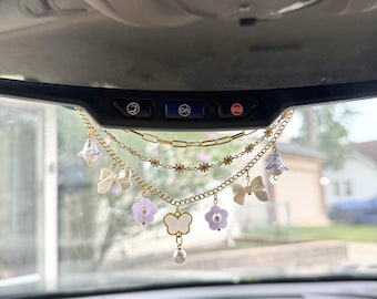 Butterfly Garden Car Mirror Charm | Floral Rearview Mirror Accessory | Beaded Car Decor | Gold Chain Car Charm | Cute Girly Car Accessory