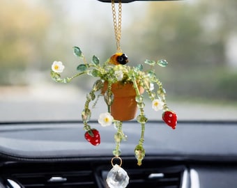 Handmade Beaded Forever Strawberry Plant with Bee Car Charm | Mini Hanging Plant | Rearview Mirror Decor | Cute Gift Idea | Sun Catcher