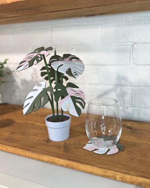 Pink Monstera Variegata Plant Coaster 3D Printed | Modern Plant Decor 6 Coasters | Cute and Functional Home Decor | Great for Desk