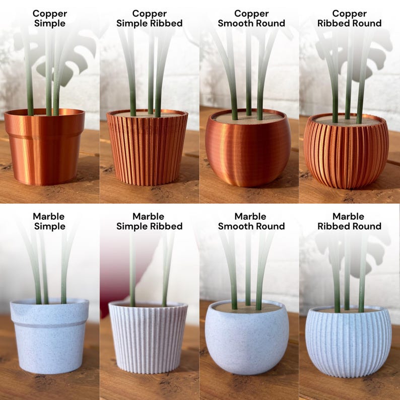 May include: An assortment of small copper and marble planters, each holding a plant. The copper planters have a simple, ribbed, smooth round, and ribbed round design. The marble planters have a simple, ribbed, smooth round, and ribbed round design.
