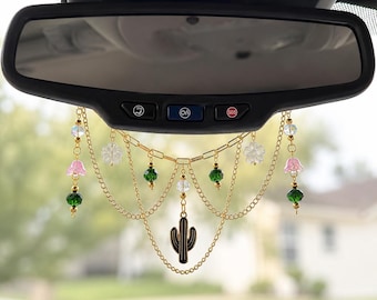Cactus Car Mirror Charm | Pink Flower Rearview Mirror Accessory | Beaded Car Decor | Western Car Charm | Cute Girly Car Accessory