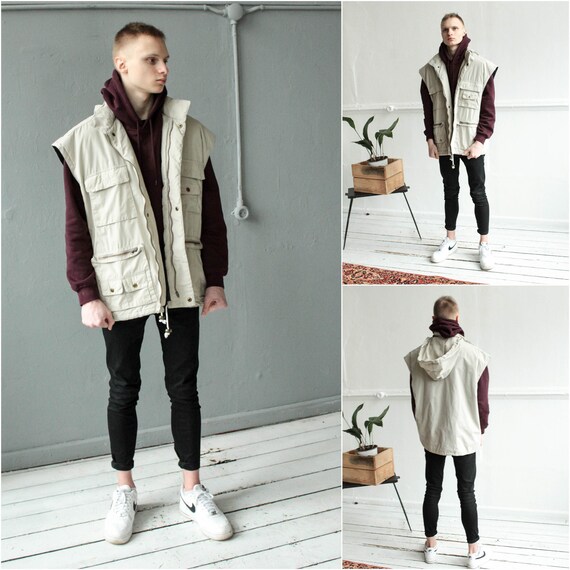 Hooded men vest, Padded vest, Multipocket fishing