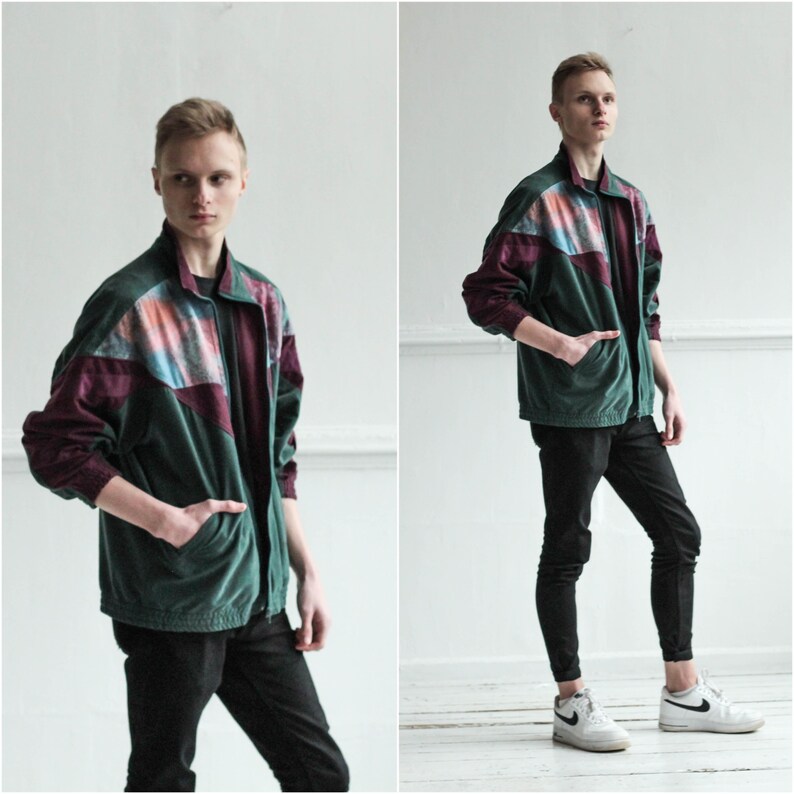 Vintage colorful Track jacket Size Large 90s Green men windbreaker