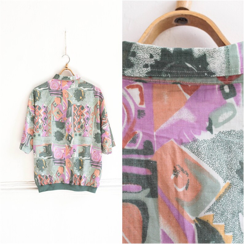 Vintage 70s Short sleeve shirt Size Medium Aztec shirt Colorful men polo