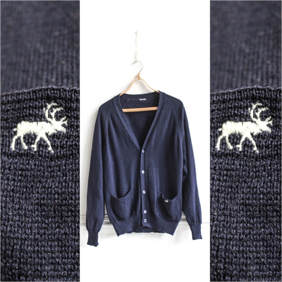 Navy blue mens cardigan, Deer button up sweater /