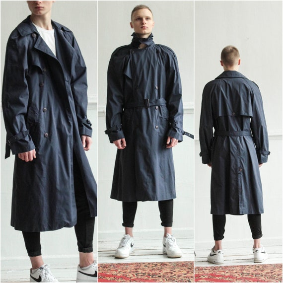 Navy Men Trench coat, Vintage Blue Men duster coat