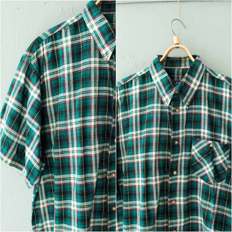 Green plaid men shirt Button up Short sleeve shirt Vintage Mens Checkered shirt Trachten shirt Size Large to XL