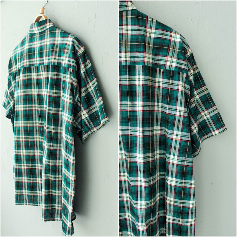 Green plaid men shirt Button up Short sleeve shirt Vintage Mens Checkered shirt Trachten shirt Size Large to XL