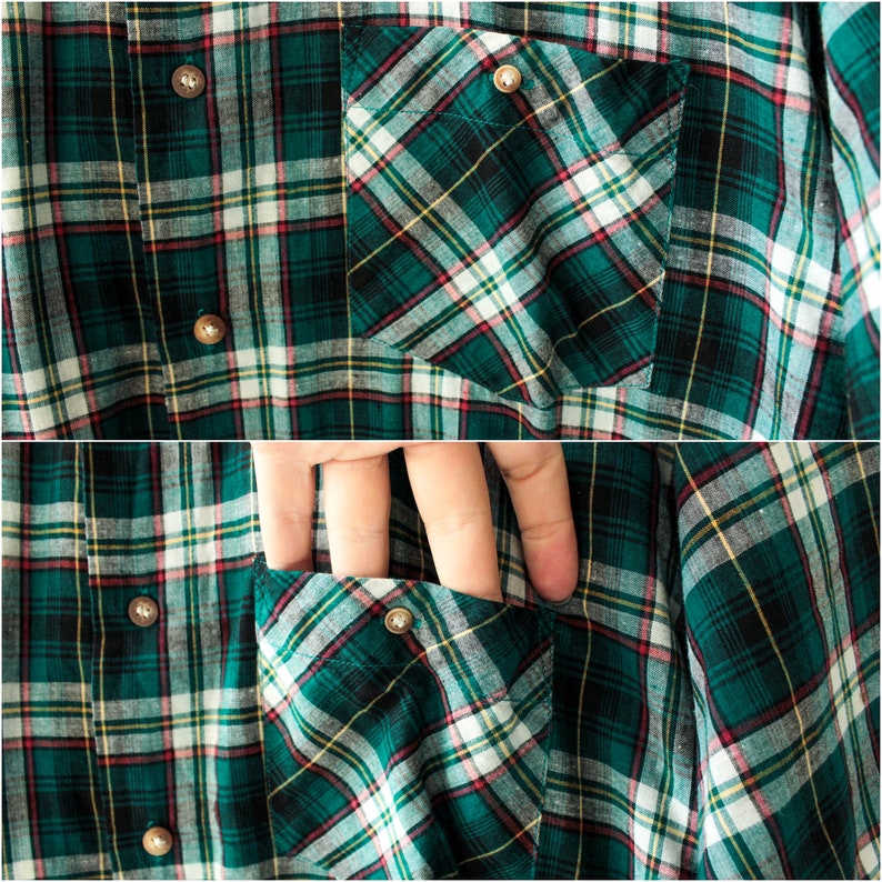 Green plaid men shirt Button up Short sleeve shirt Vintage Mens Checkered shirt Trachten shirt Size Large to XL