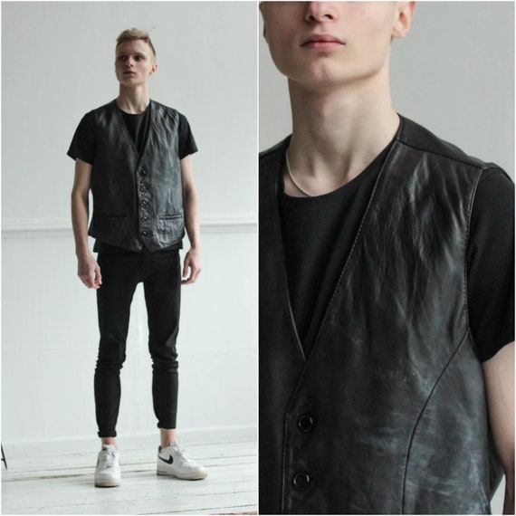 Vintage 90s Leather mens vest, Black Leather waist
