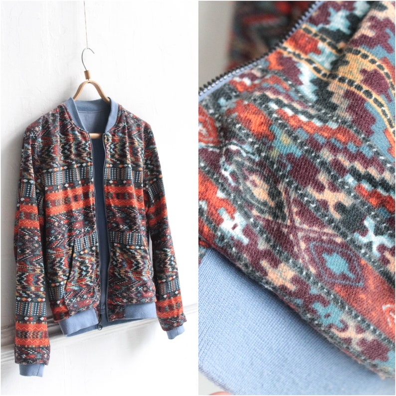 Blue and aztec print Men windbreaker Size Medium Double sided jacket
