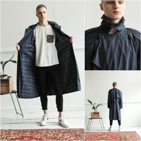 Navy Men Trench coat, Vintage Blue Men duster coat