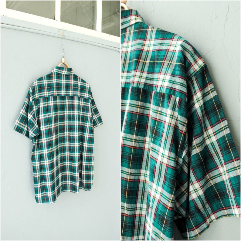 Green plaid men shirt Button up Short sleeve shirt Vintage Mens Checkered shirt Trachten shirt Size Large to XL