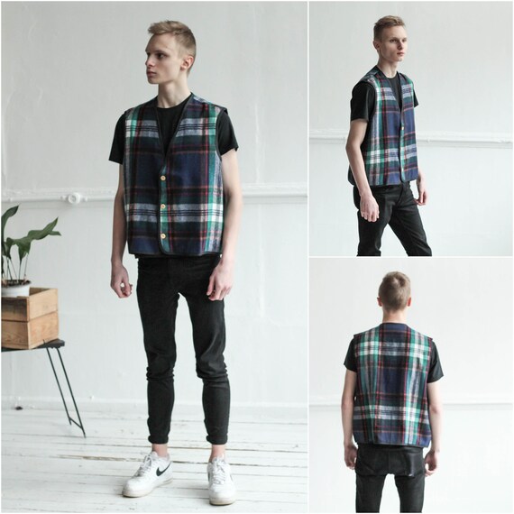 Blue Plaid mens vest, Flannel Mens vest, Vintage G