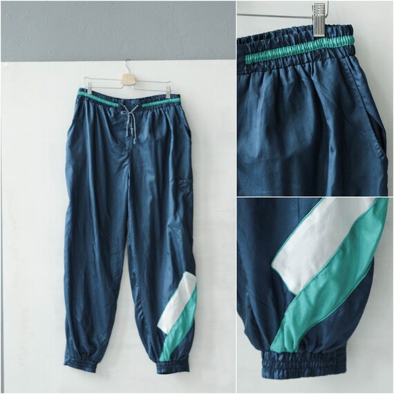 Vintage dark blue track pants, Nylon sport pants /