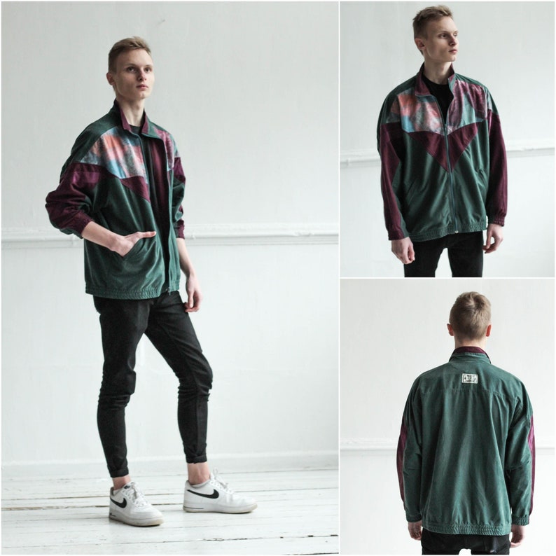 Vintage colorful Track jacket Size Large 90s Green men windbreaker