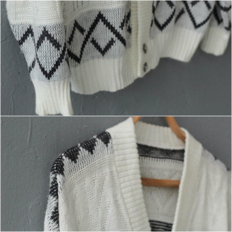 Geometric print knit jacket Size Large to XL White Grandpa cardigan