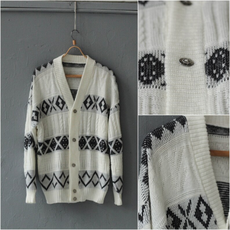 Geometric print knit jacket Size Large to XL White Grandpa cardigan