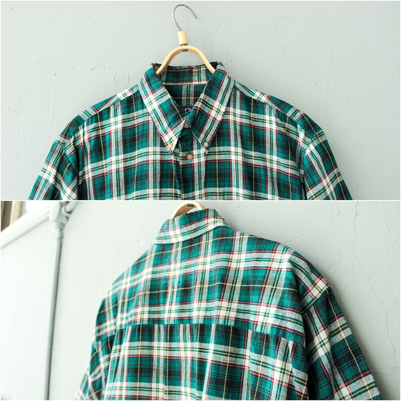 Green plaid men shirt Button up Short sleeve shirt Vintage Mens Checkered shirt Trachten shirt Size Large to XL